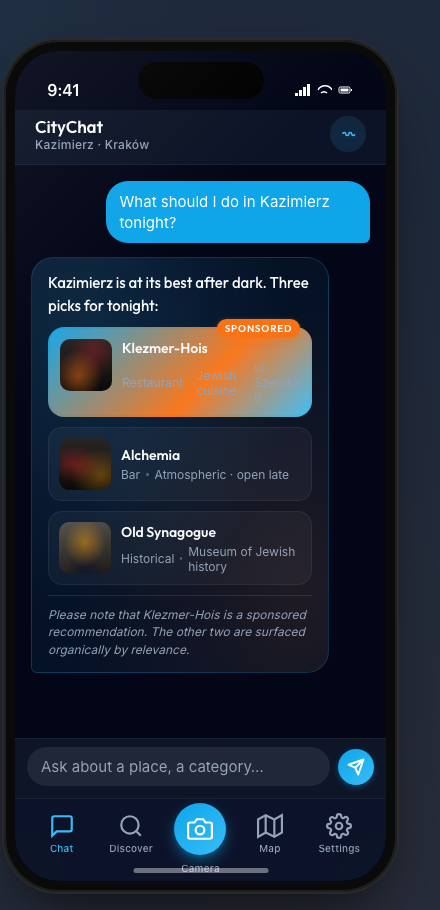 CityChat chat screen concept — asking what to do in the city tonight
