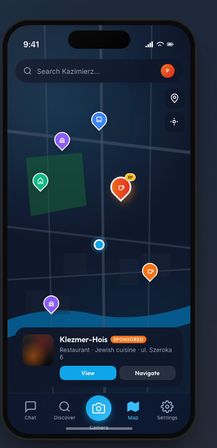 CityChat map screen concept — custom pins with a place peek sheet