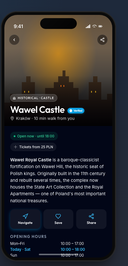 CityChat place card concept — landmark details with history and tips