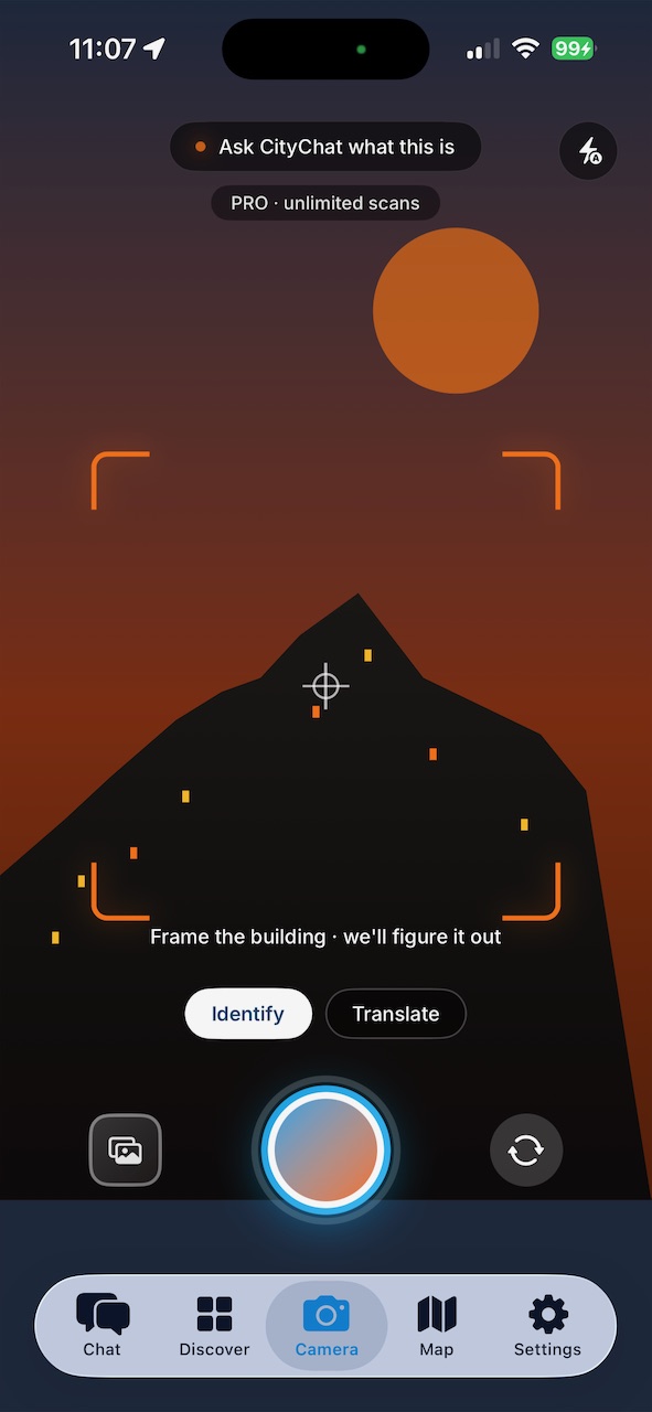 CityChat visual search — Identify and Translate modes with the framing reticle