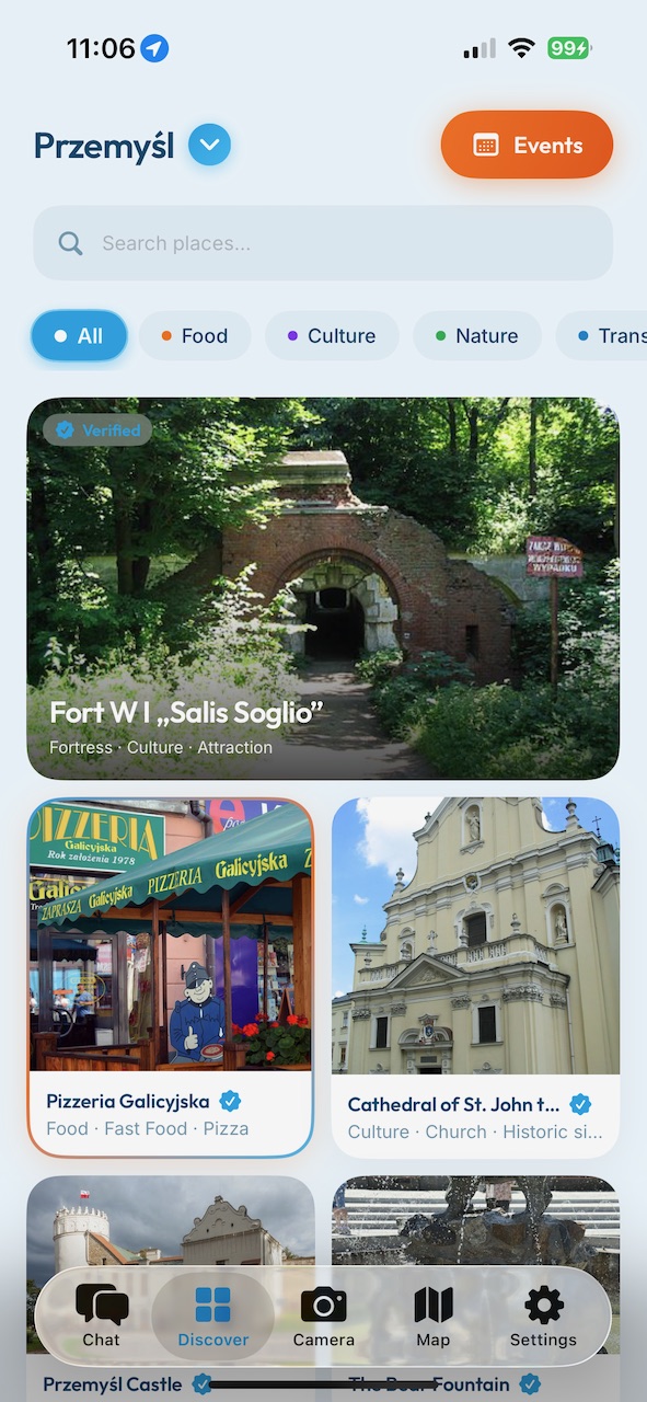 CityChat discover — curated Przemyśl places with a featured fort and verified badges