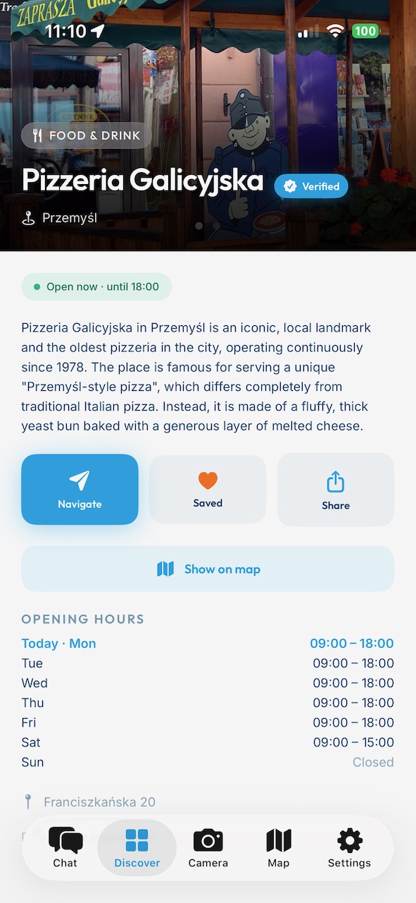 CityChat place card — Pizzeria Galicyjska with open-now status, its story and full opening hours